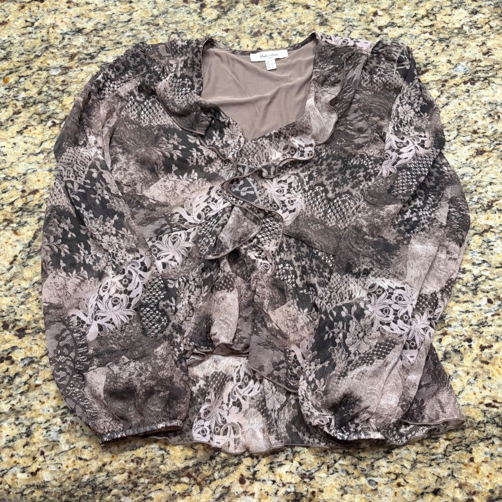 Haver & Blair London Brown Lace Snakeskin Ruffle V-Neck Blouse Large Womens